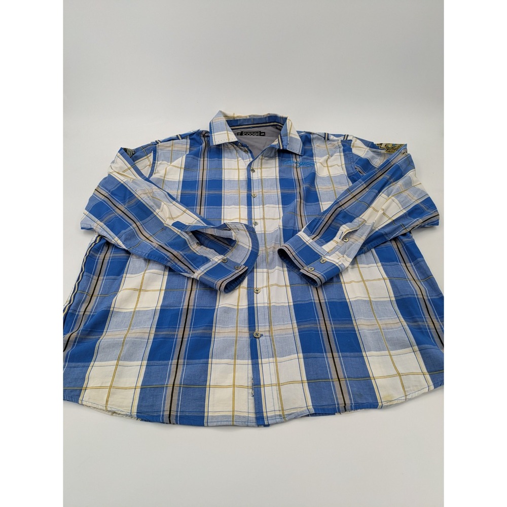 COOGI Button Down Men's Size 3XL Blue White Plaid Long‎ sleeve Shirt Casual XXXL